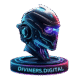 Futuristic digital robot helmet with neon lights for Diviners Digital.